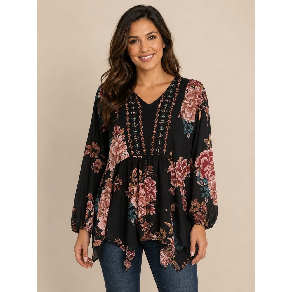 Style & Co Black Fall Floral‎ Long Sleeve Asymmetric Hem embroidered boho fairy